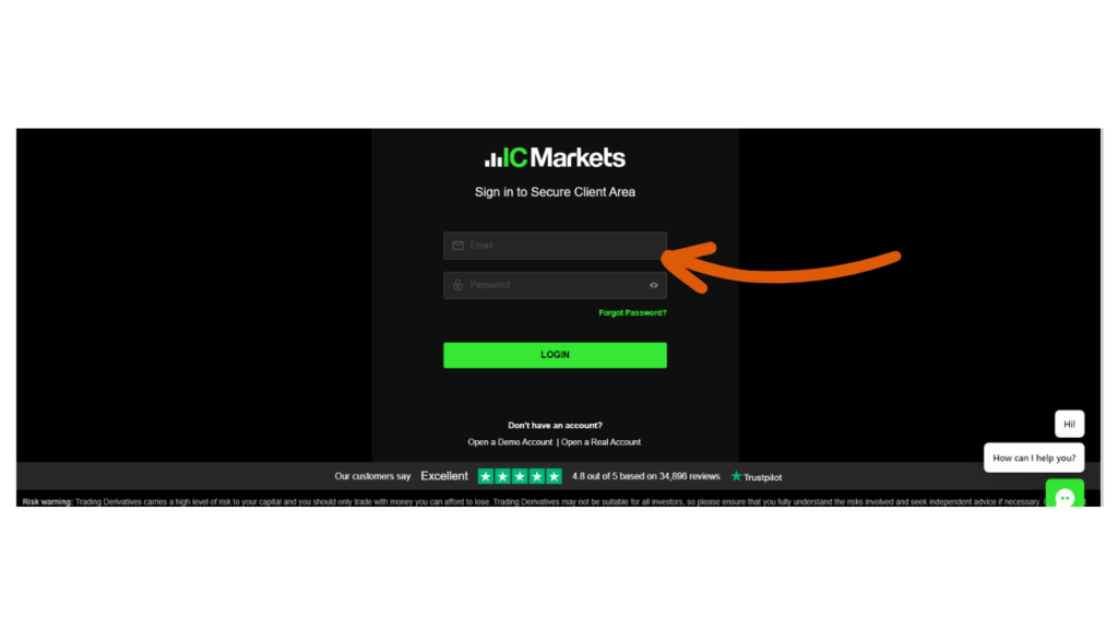 How to deposit on IC Markets: IC markets Sign in page